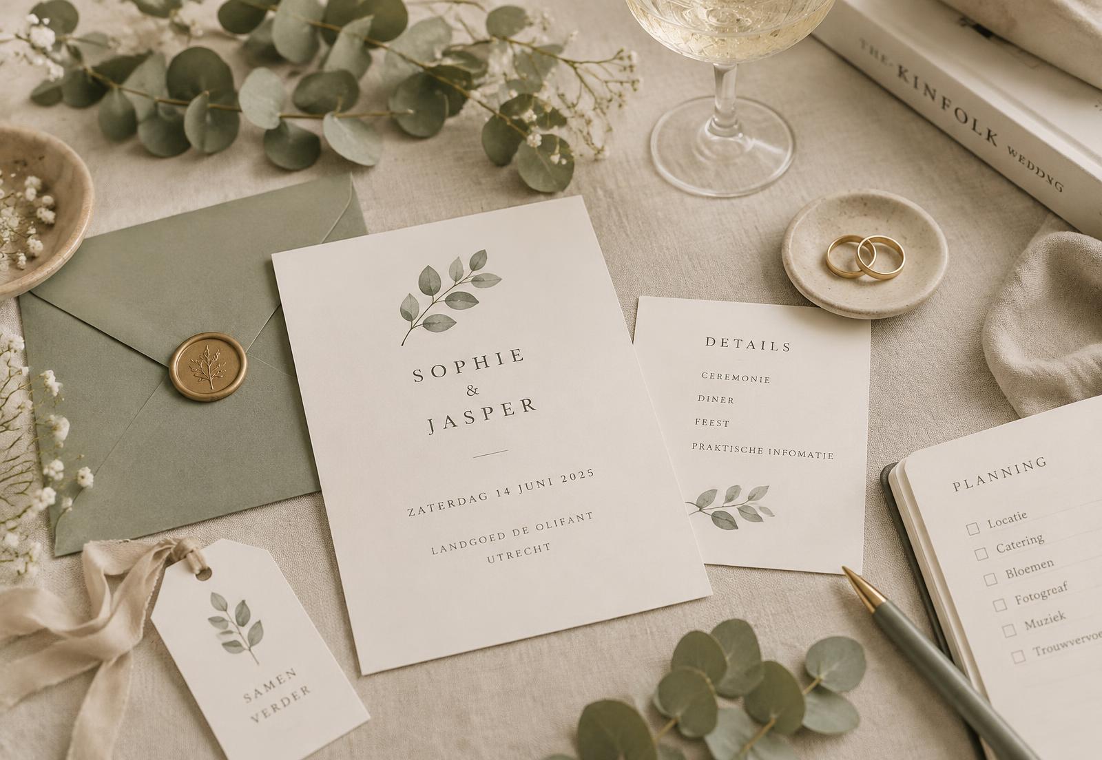 Trouwkaarten, ringen en eucalyptus op een linnen tafel